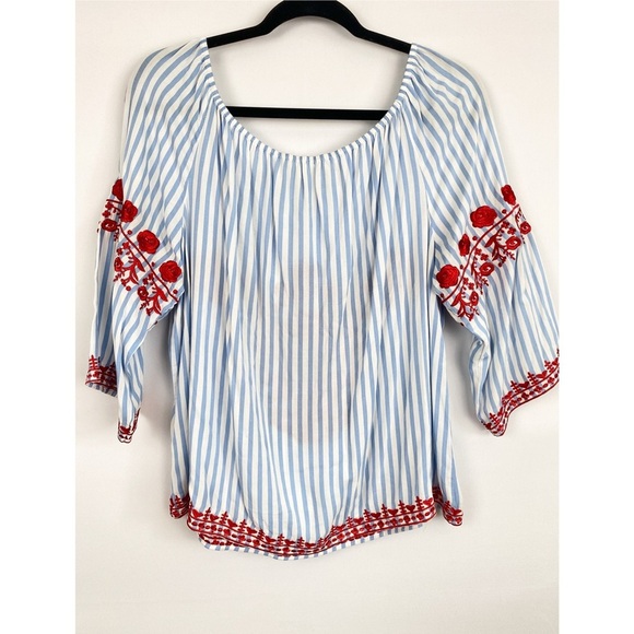 Gianni Bini Embroidered Peasant Blouse L Blue Boho Off the Shoulder Stripe Beach - Picture 7 of 9
